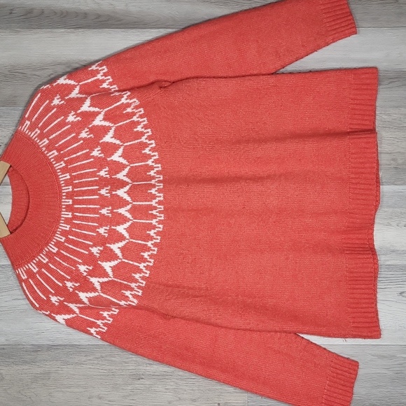 🛍Talbots Womens Large Petite Orange White Wool Fair Isle‎ High Neck Sweater - Picture 1 of 6